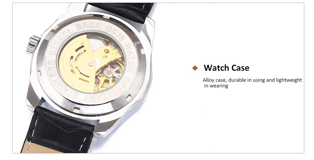 Gucamel Men Auto Mechanical Watch Hollow Dial Luminous Genuine Leather Band Wristwatch
