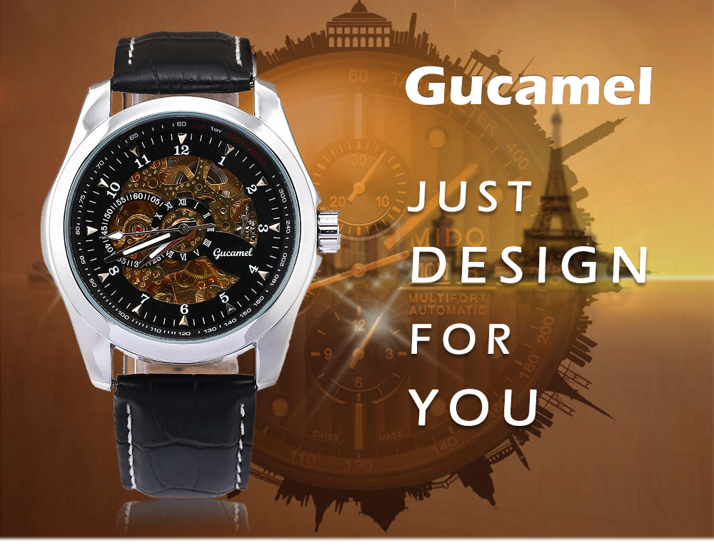 Gucamel Men Auto Mechanical Watch Hollow Dial Luminous Genuine Leather Band Wristwatch