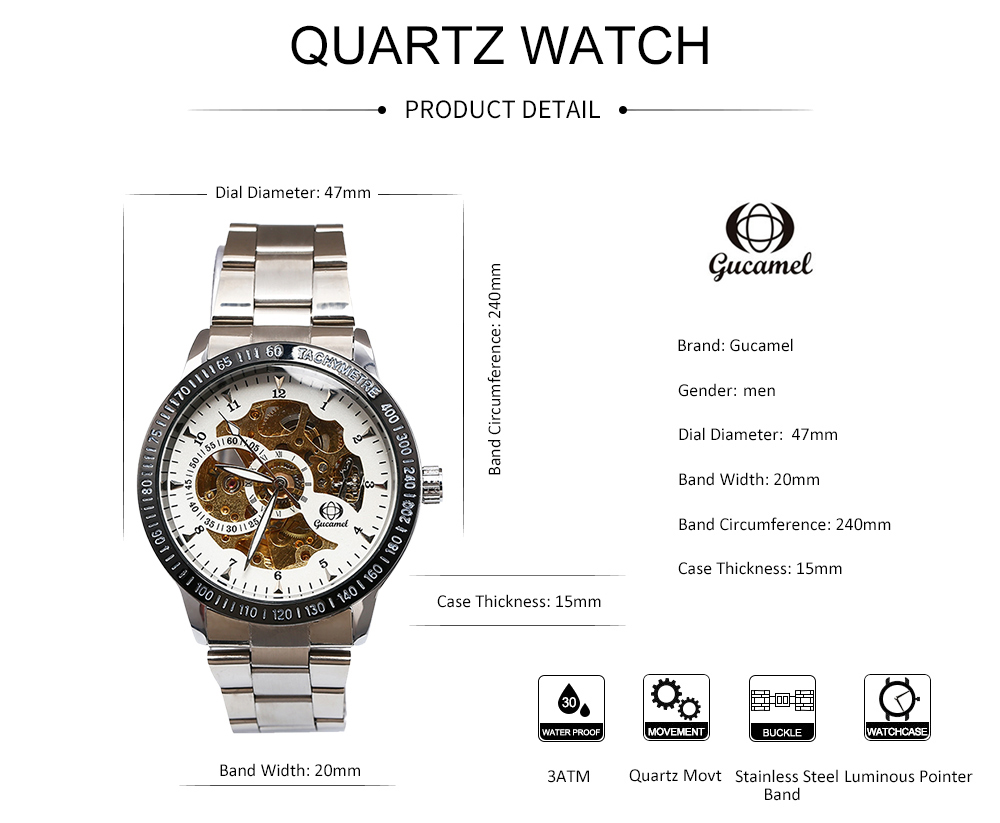 Gucamel G024 Men Auto Mechanical Watch Hollow Dial Luminous Stainless Steel Band Wristwatch