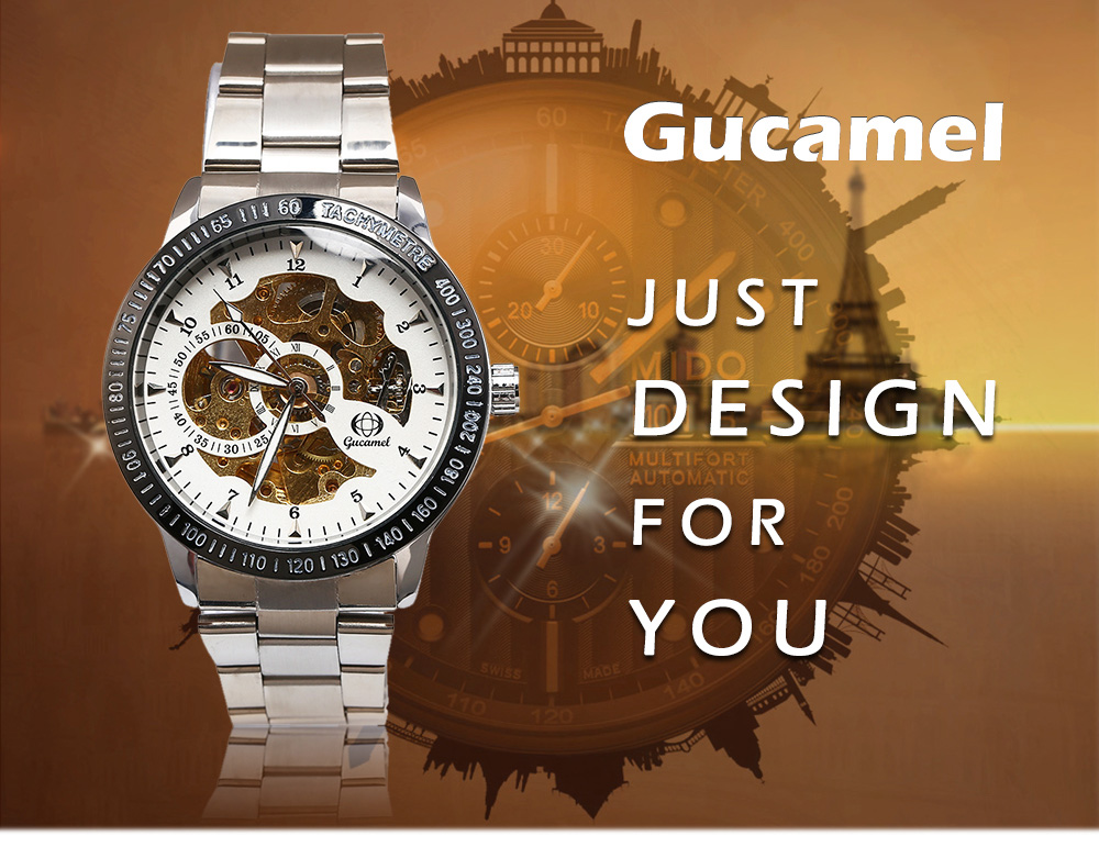 Gucamel G024 Men Auto Mechanical Watch Hollow Dial Luminous Stainless Steel Band Wristwatch