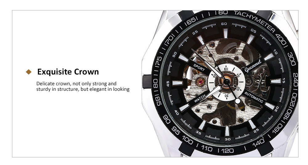 Gucamel G043 Men Auto Mechanical Watch Hollow Dial Luminous Genuine Leather Band Wristwatch