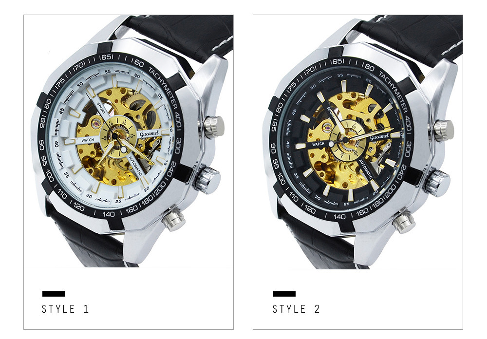 Gucamel G043 Men Auto Mechanical Watch Hollow Dial Luminous Genuine Leather Band Wristwatch