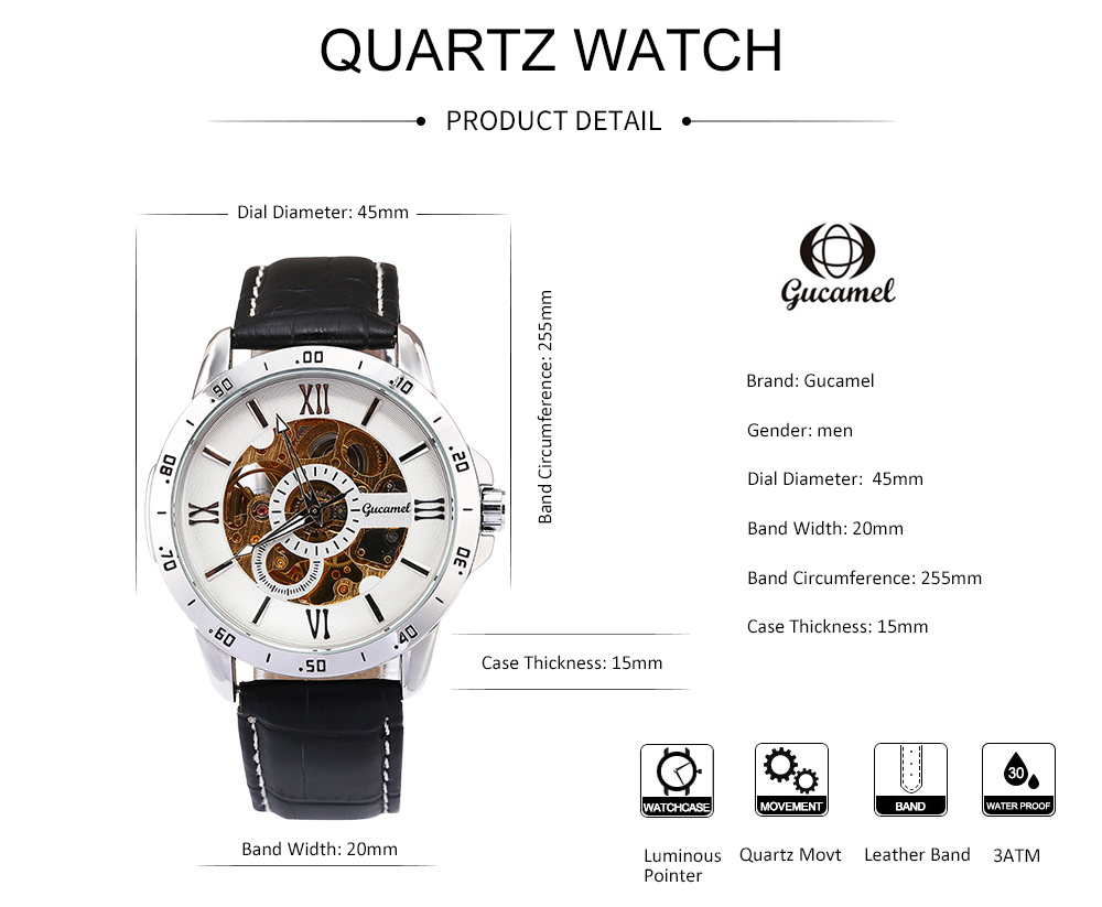 Gucamel G027 Men Auto Mechanical Watch Hollow Dial Luminous Genuine Leather Band Wristwatch