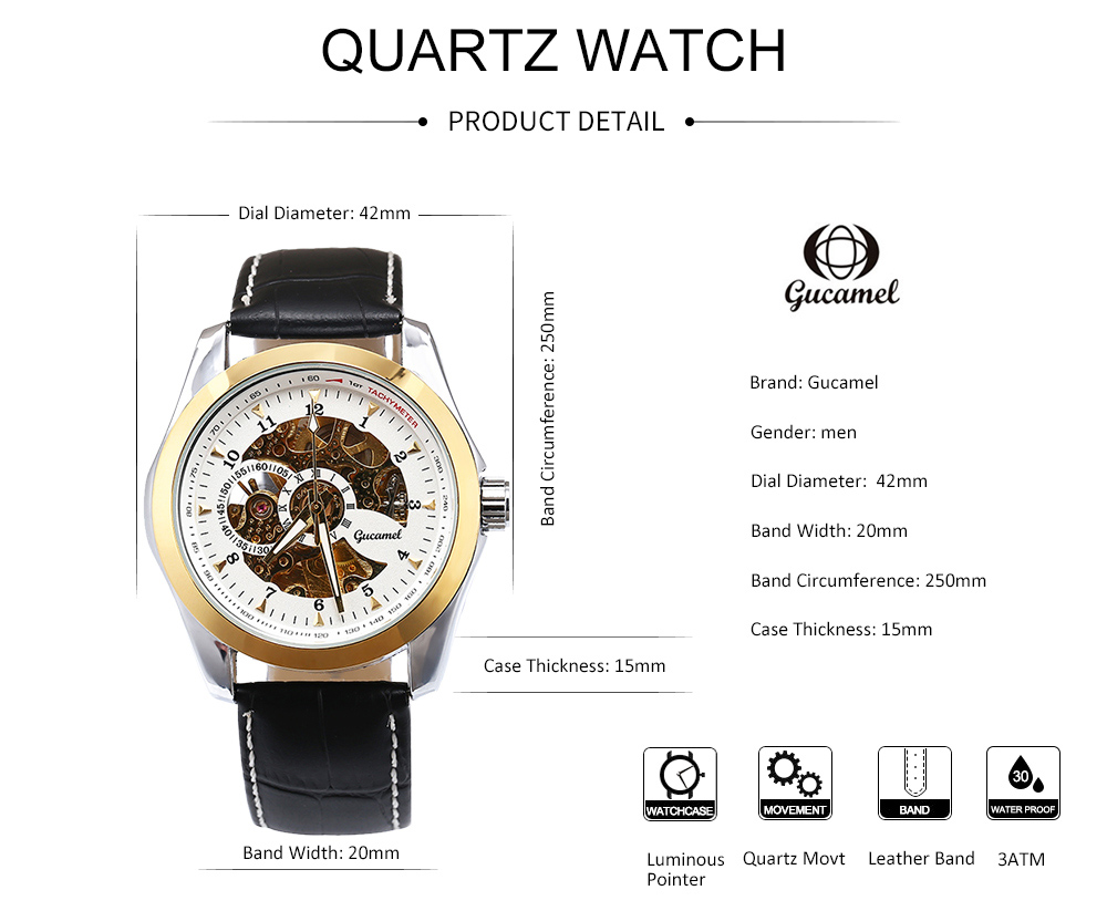 Gucamel G006 Men Auto Mechanical Watch Hollow Dial Luminous Genuine Leather Band Wristwatch