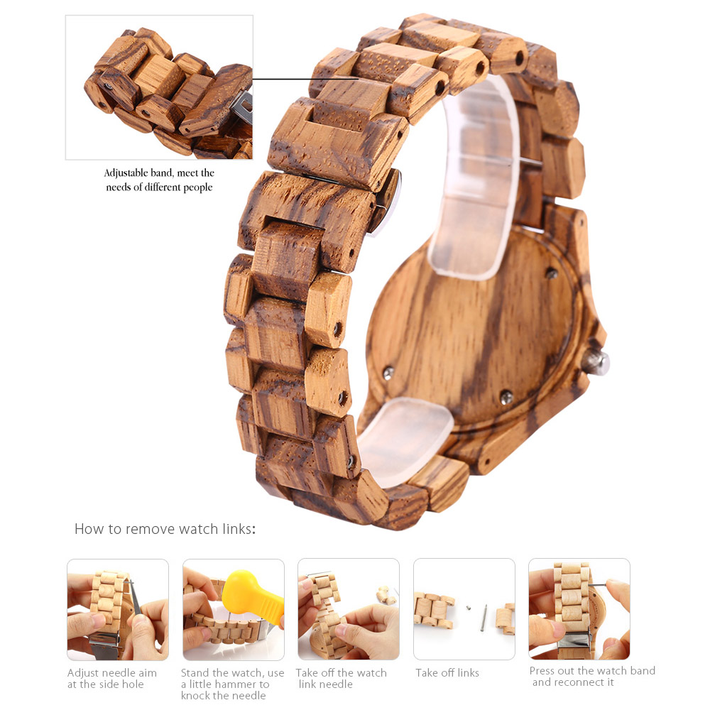 BEWELL ZS-100BL Wooden Women Quartz Watch with Hands Metal Case 30M Water Resistance Wristwatch