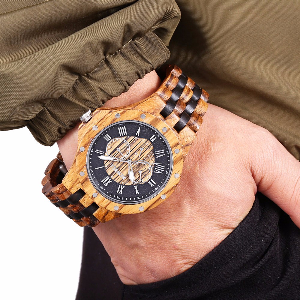 BEWELL ZS - W116C Men Wooden Quartz Watch Roman Numerals Scale Calendar Luminous Wristwatch