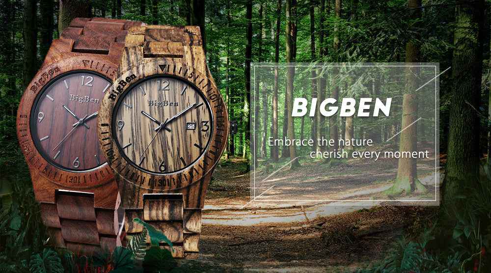 BigBen B01 Men Analog Quartz All-Wooden Watch Date Display Wristwatch