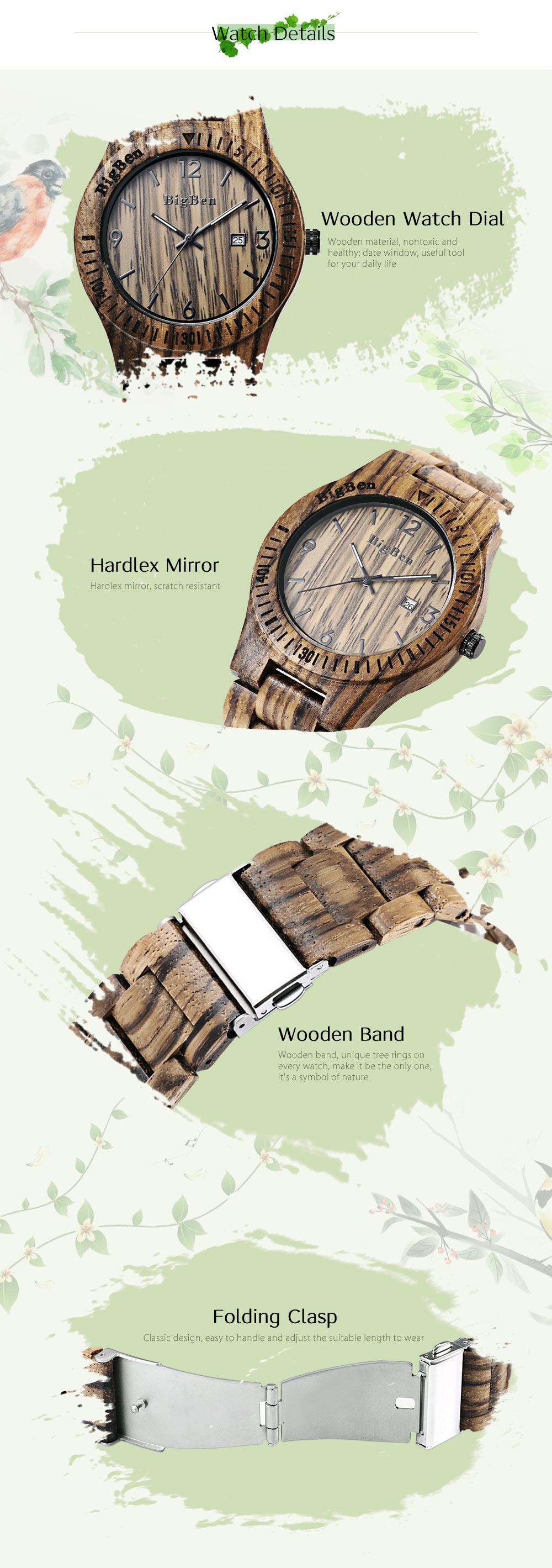 BigBen B01 Men Analog Quartz All-Wooden Watch Date Display Wristwatch