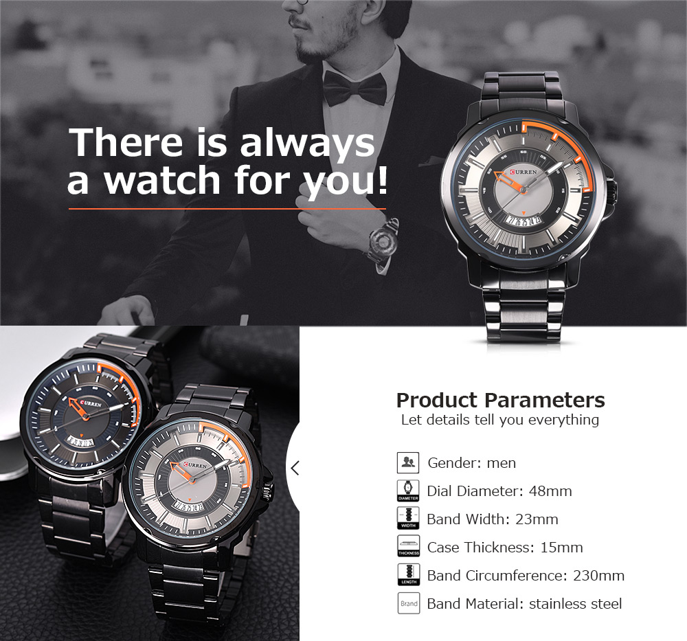 CURREN 8229 Business Male Quartz Watch with Fan-shaped Date Window Display