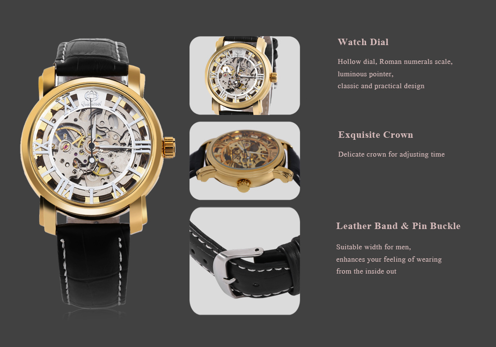 Gucamel G046 Men Auto Mechanical Watch Hollow Dial Luminous Leather Band Wristwatch
