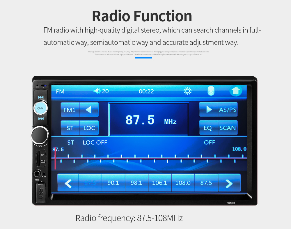 7010B 7 inch Bluetooth V2.0 TFT Screen Car Audio Stereo MP5 Player 12V Auto Video Support AUX FM USB SD MMC Remote Control