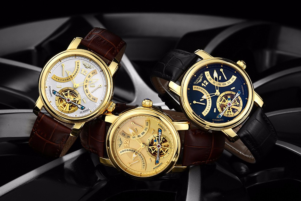 GUANQIN GJ16009 Men Automatic Mechanical Watch Dual Calendar 10ATM Transparent Movt Wristwatch