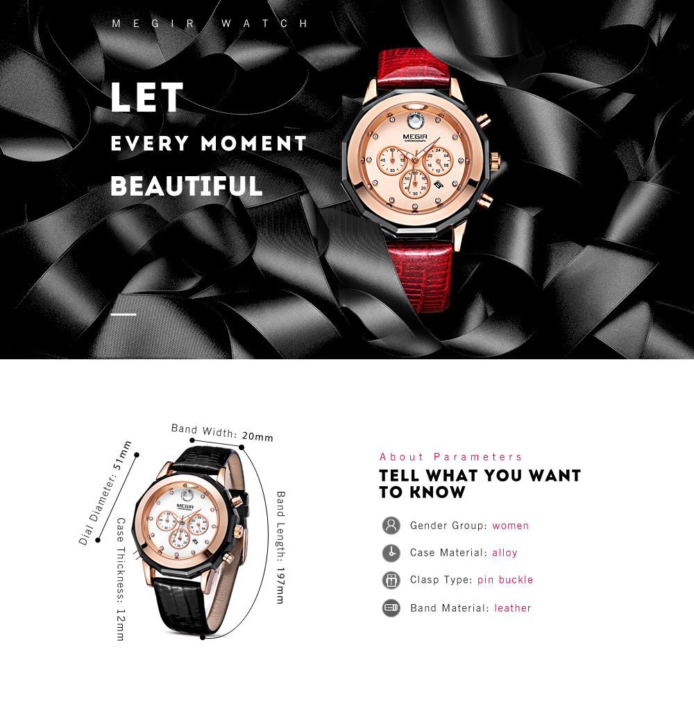 MEGIR ML2042L Women Quartz Watch Rhinestone Calendar Luminous Female Wristwatch