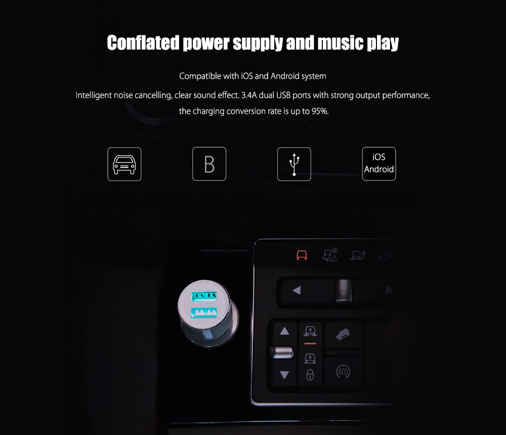 Original Xiaomi ROIDMI 3S Dual USB Ports Bluetooth Music Car Charger