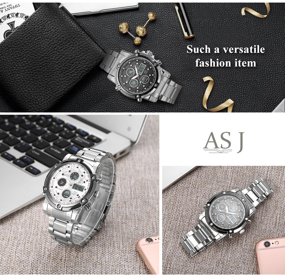 ASJ B42 Dual Movt Sports LED Watch Calendar Stopwatch Alarm Men Wristwatch