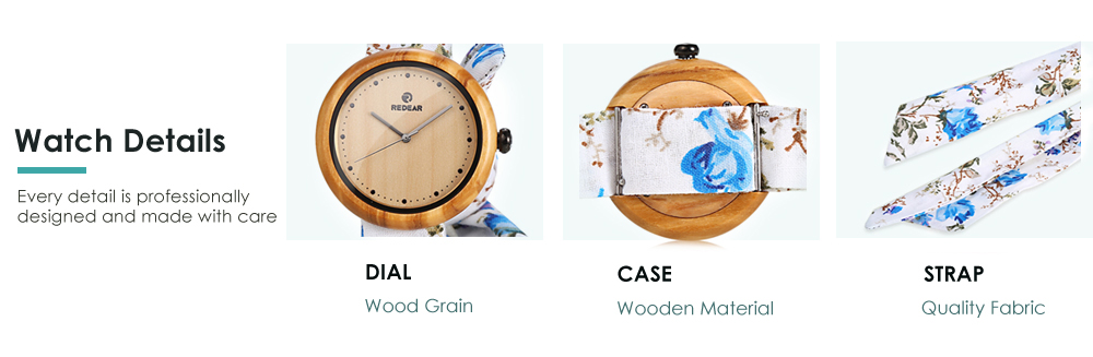 REDEAR 1692 Women Quartz Wooden Watch Wood Grain Dial Fabric Band Female Wristwatch