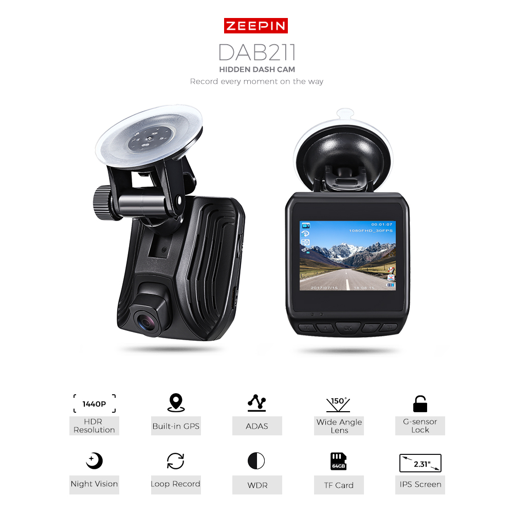 ZEEPIN DAB211 Dash Cam 2.31-inch ADAS GPS HDR 1440P Car Driving Recorder