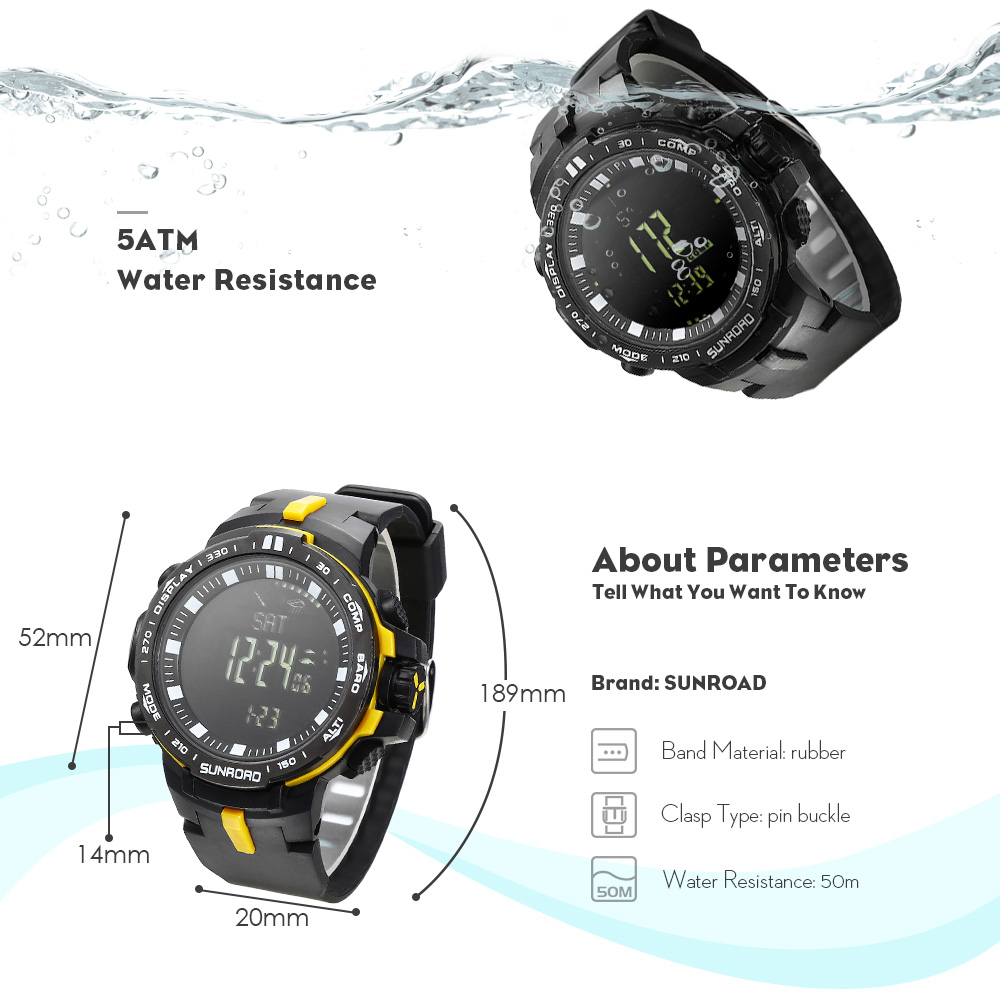 SUNROAD FR861B Outdoor Digital Watch Altimeter Compass Barometer 5ATM Wristwatch