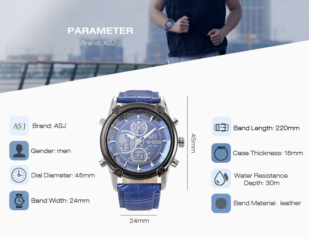 ASJ 8154 Dual Movt Sports LED Male Watch Calendar Stopwatch Alarm Men Wristwatch