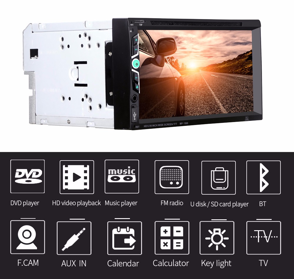 MP1569 2 Din 6.95 inch Bluetooth Car Stereo DVD CD Player with HD TFT Touch Screen Supports Hands-free Call / 32GB TF Card