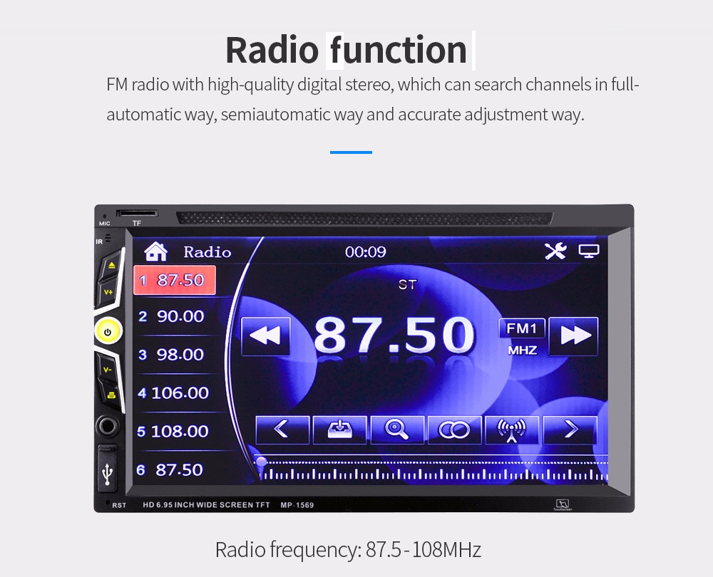 MP1569 2 Din 6.95 inch Bluetooth Car Stereo DVD CD Player with HD TFT Touch Screen Supports Hands-free Call / 32GB TF Card