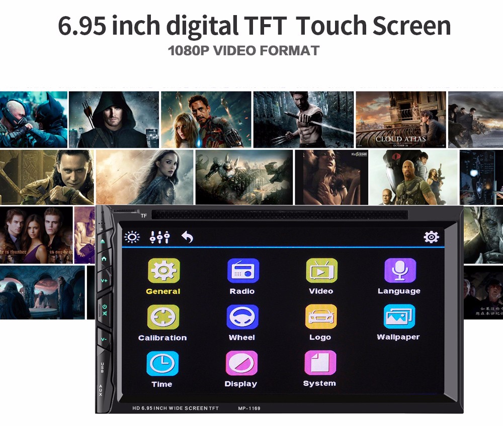 MP1169 2 Din 6.95 inch Bluetooth Car Stereo DVD CD Player with 1080P TFT Touch Screen Supports Hands-free Call / 32GB TF Card