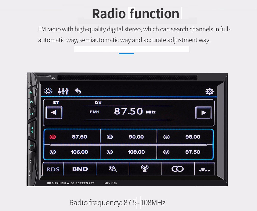 MP1169 2 Din 6.95 inch Bluetooth Car Stereo DVD CD Player with 1080P TFT Touch Screen Supports Hands-free Call / 32GB TF Card