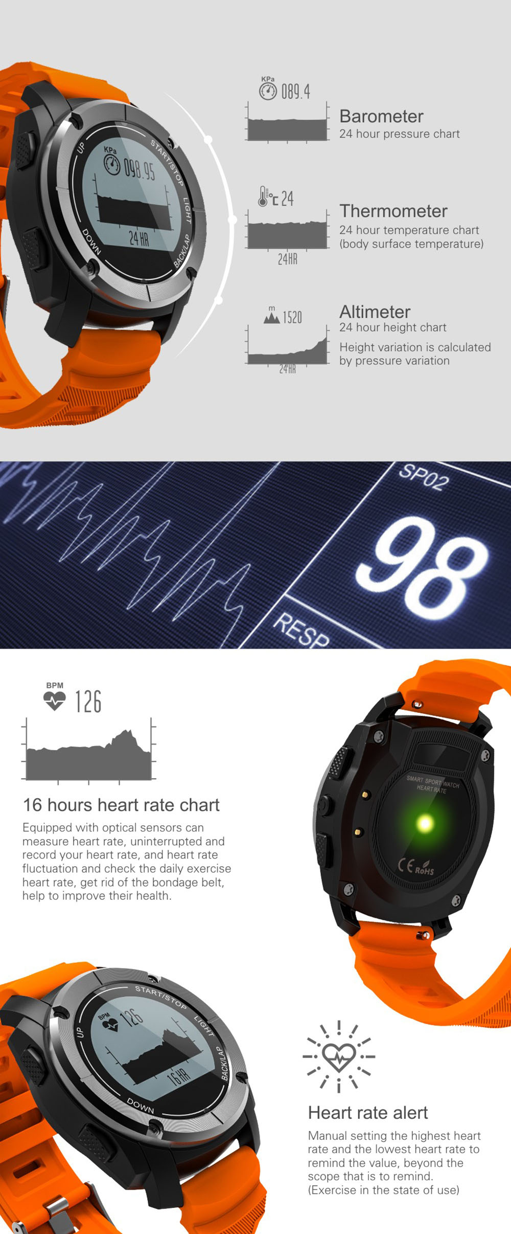 S928 Real-time Heart Rate Track Smart Wristband Air Pressure Environment Temperature Height Watch