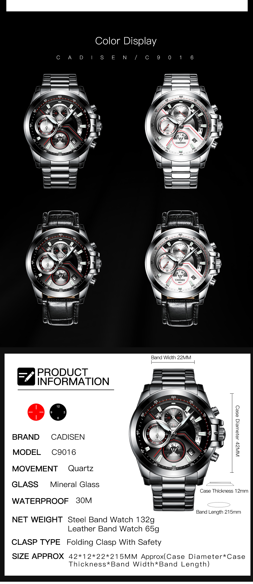 Cadisen 9016 Multifunctional Men Waterproof Quartz Watch