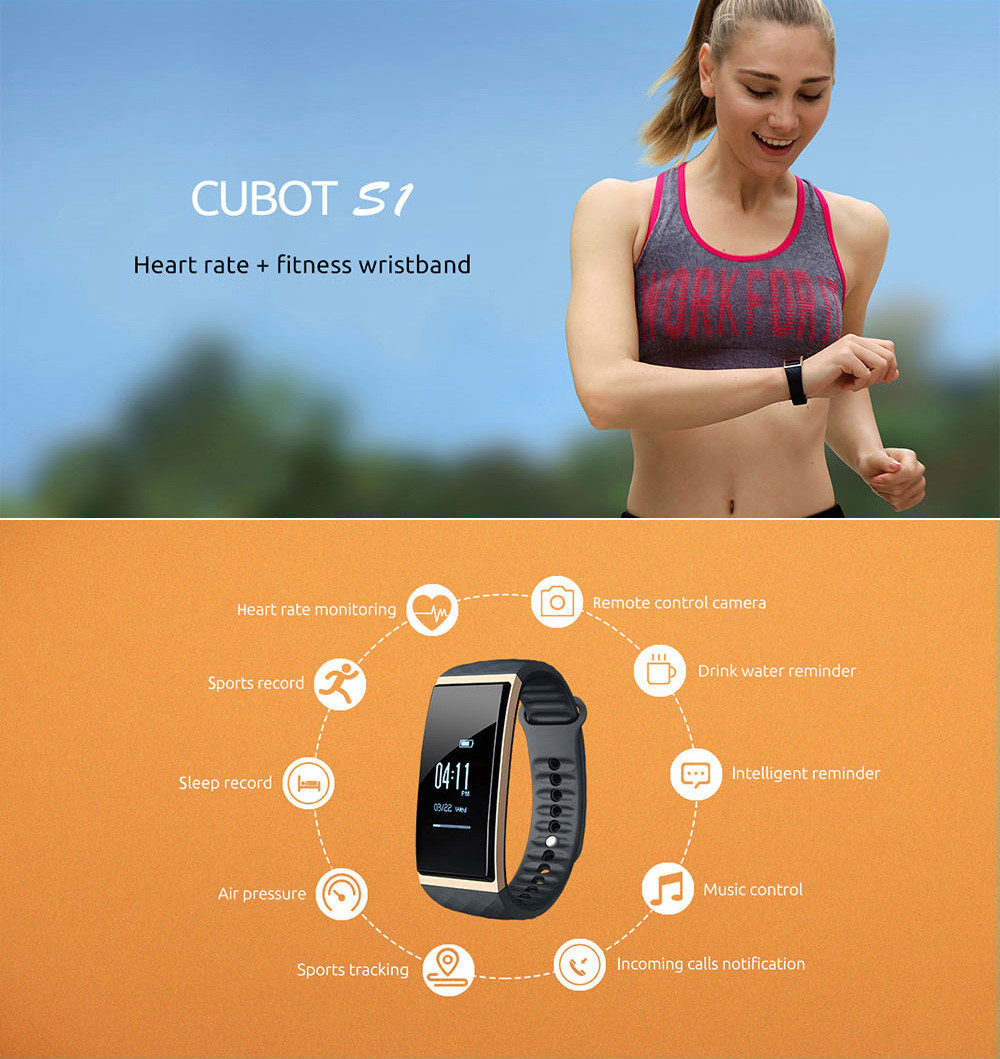 Cubot S1 Sports Smartband Bluetooth 4.0 Heart Rate Remote Camera Sleep Monitor Sedentary Reminder IP65 Waterproof Grade