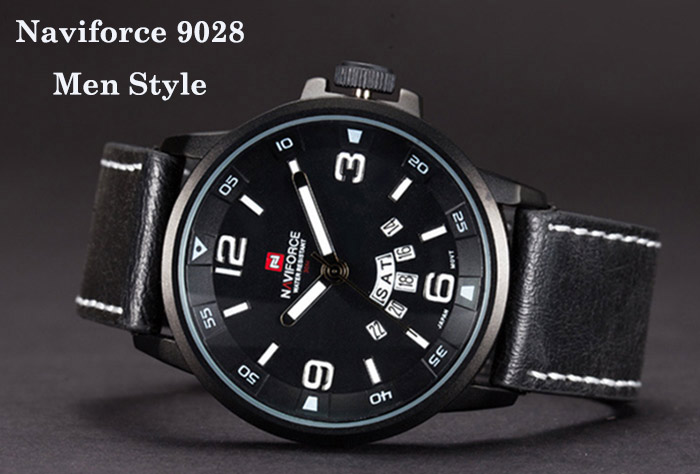 Naviforce 9028 Military Leather Band Quartz Analog Watch Japan Movt Day Date Water Resistant for Men