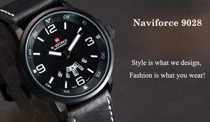 Naviforce 9028 Military Leather Band Quartz Analog Watch Japan Movt Day Date Water Resistant for Men