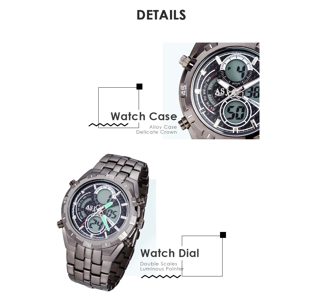 ASJ B897 Dual Movt Sports LED Male Watch Calendar Stopwatch Alarm Men Wristwatch