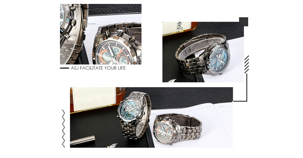ASJ B897 Dual Movt Sports LED Male Watch Calendar Stopwatch Alarm Men Wristwatch