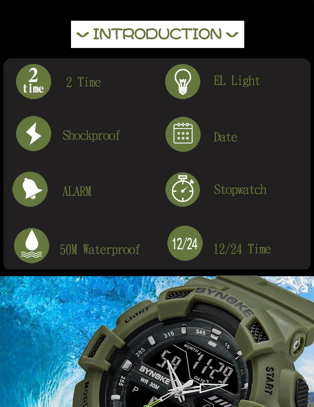 Synoke Outdoor Sports Multi-function Waterproof Watch Men Luminous Watch