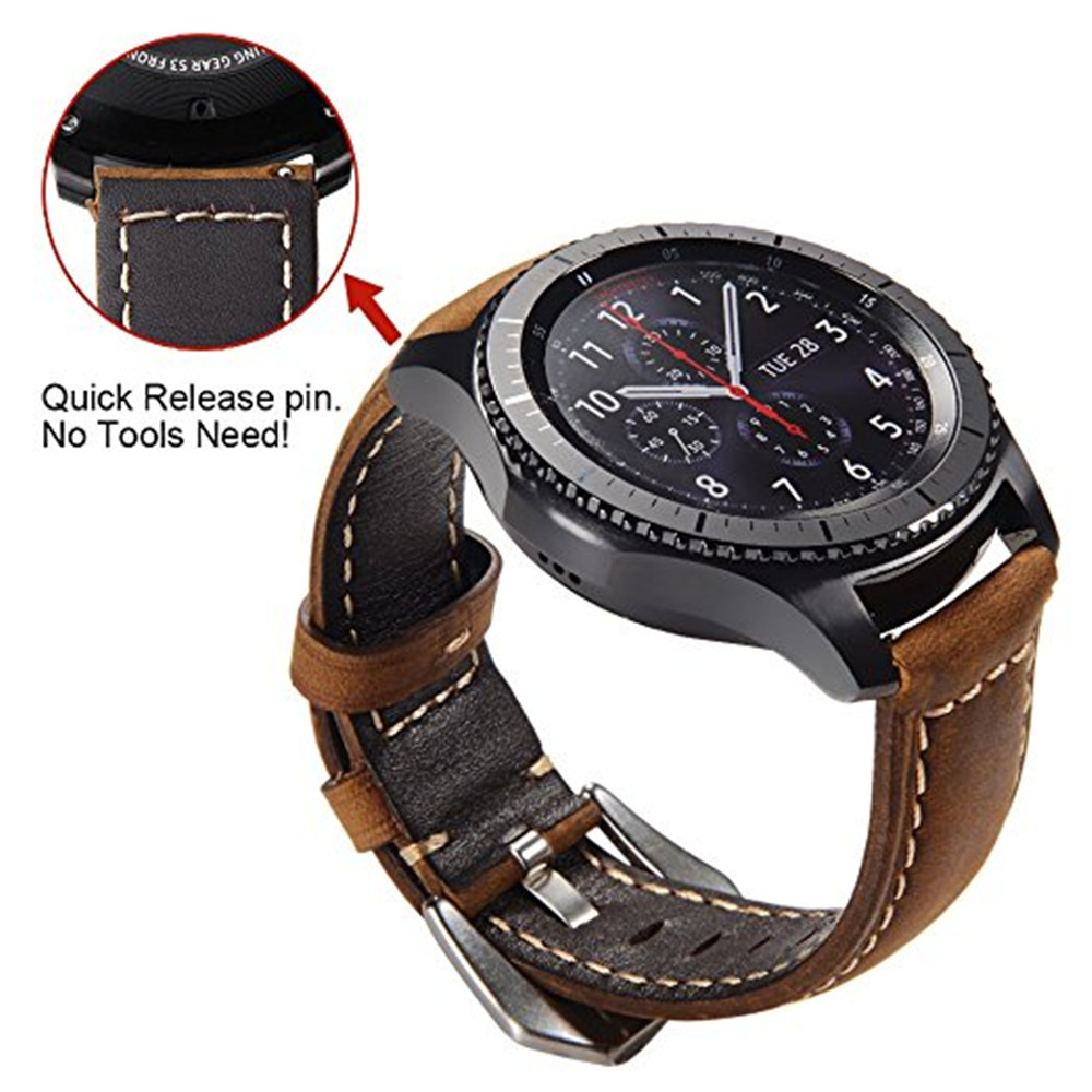 Frontier Classic Watch Band 22mm Genuine Leather Strap Soft Replacement Wristband Bracelet with Stainless Steel Buckle Clasp for Samsung Gear S3