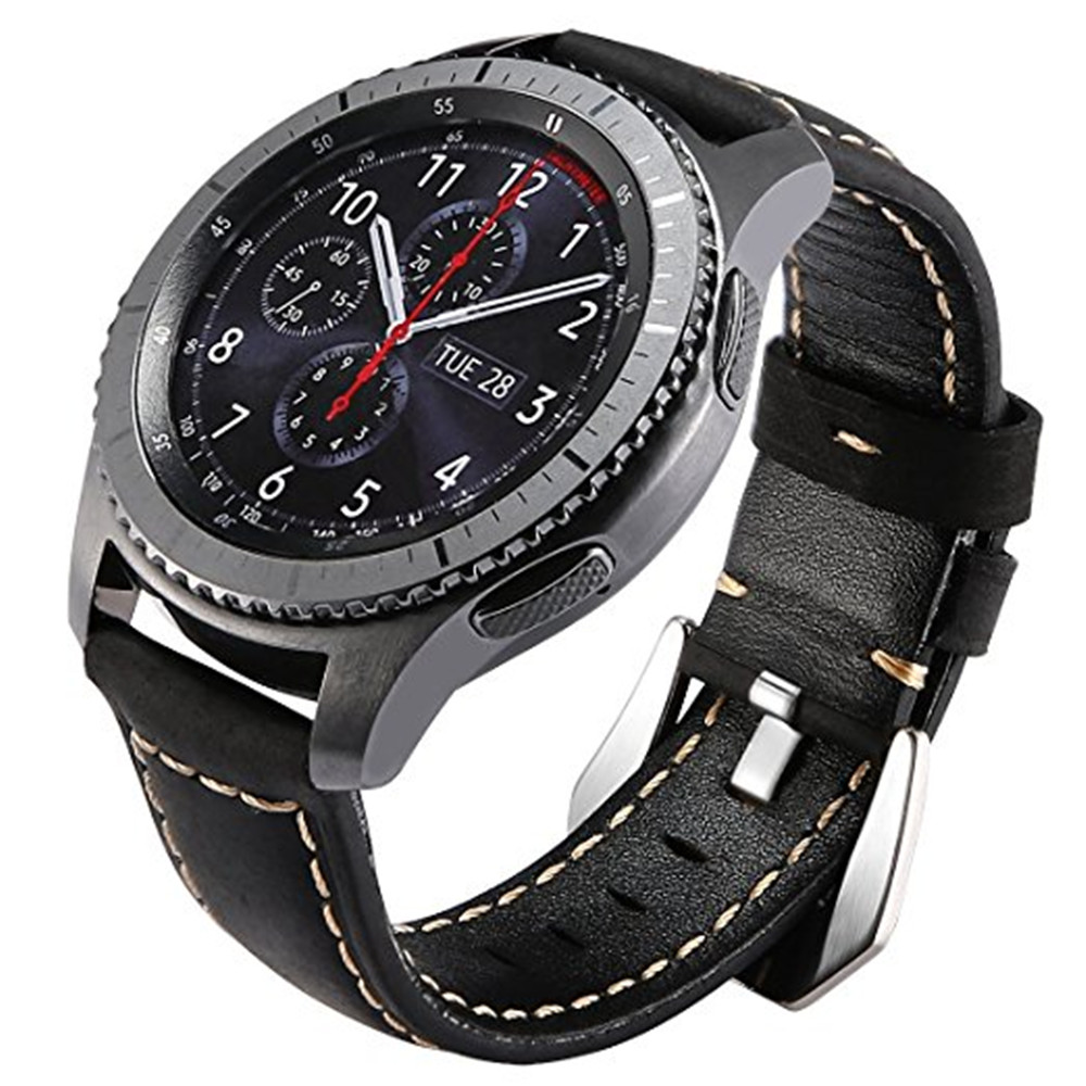Frontier Classic Watch Band 22mm Genuine Leather Strap Soft Replacement Wristband Bracelet with Stainless Steel Buckle Clasp for Samsung Gear S3