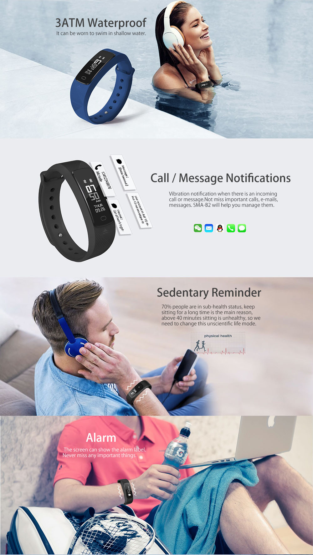 SMA B2 Heart Rate Blood Pressure Monitor Smart Wristband Bidirectional Pedometer Sedentary Remind Remote Camera Watch