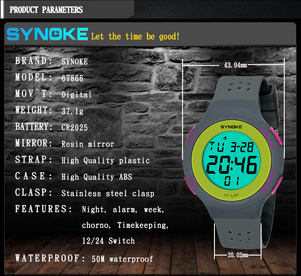 SYNOKE 67866 Slim Trendy Waterproof Unisex Electronic Watch