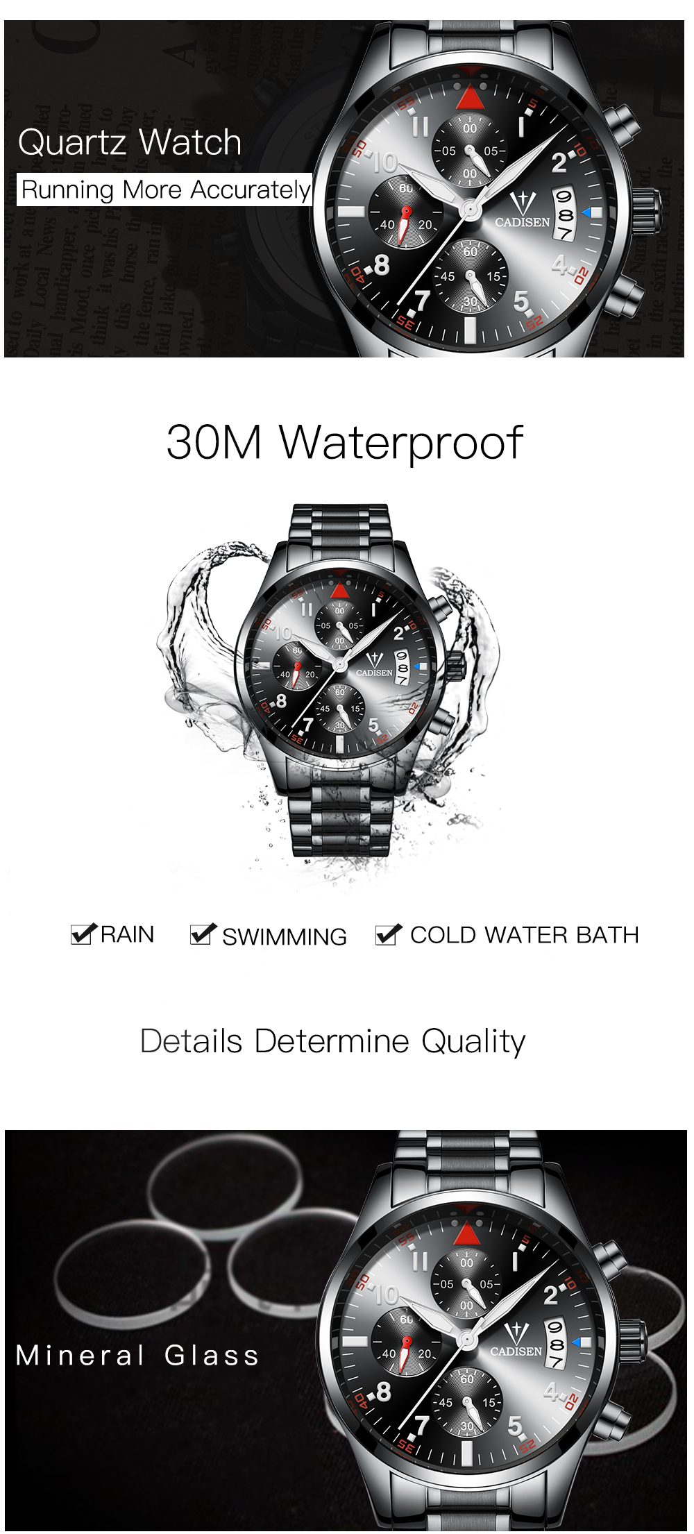 CADISEN C2013 Men Fashion Classic Multi-Function Stainless Steel Strap Waterproof Watch