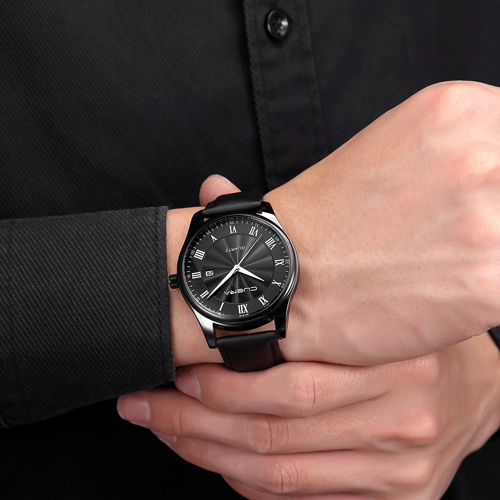 CUENA 6613P Men Genuine Leather Strap Fashion Casual Quartz Wristwatch