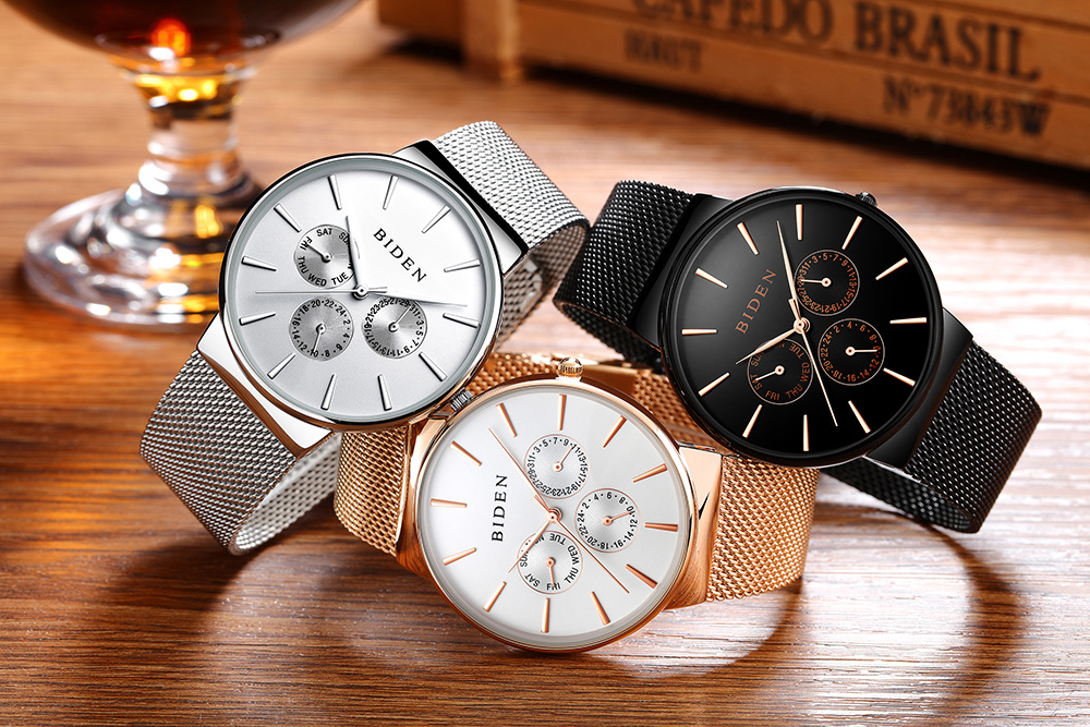 BIDEN Luxury Brand Men Watch Ultra Thin Stainless Steel Clock Male Quartz Sport Watch Men Waterproof Casual Wristwatch