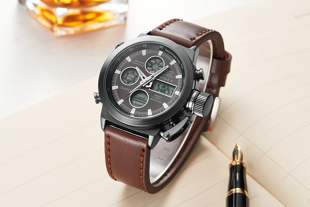BIDEN 0031 Brand Men Analog Digital Leather Sports Watches Men'S Army Military Watch Man Quartz Clock Relogio Masculino