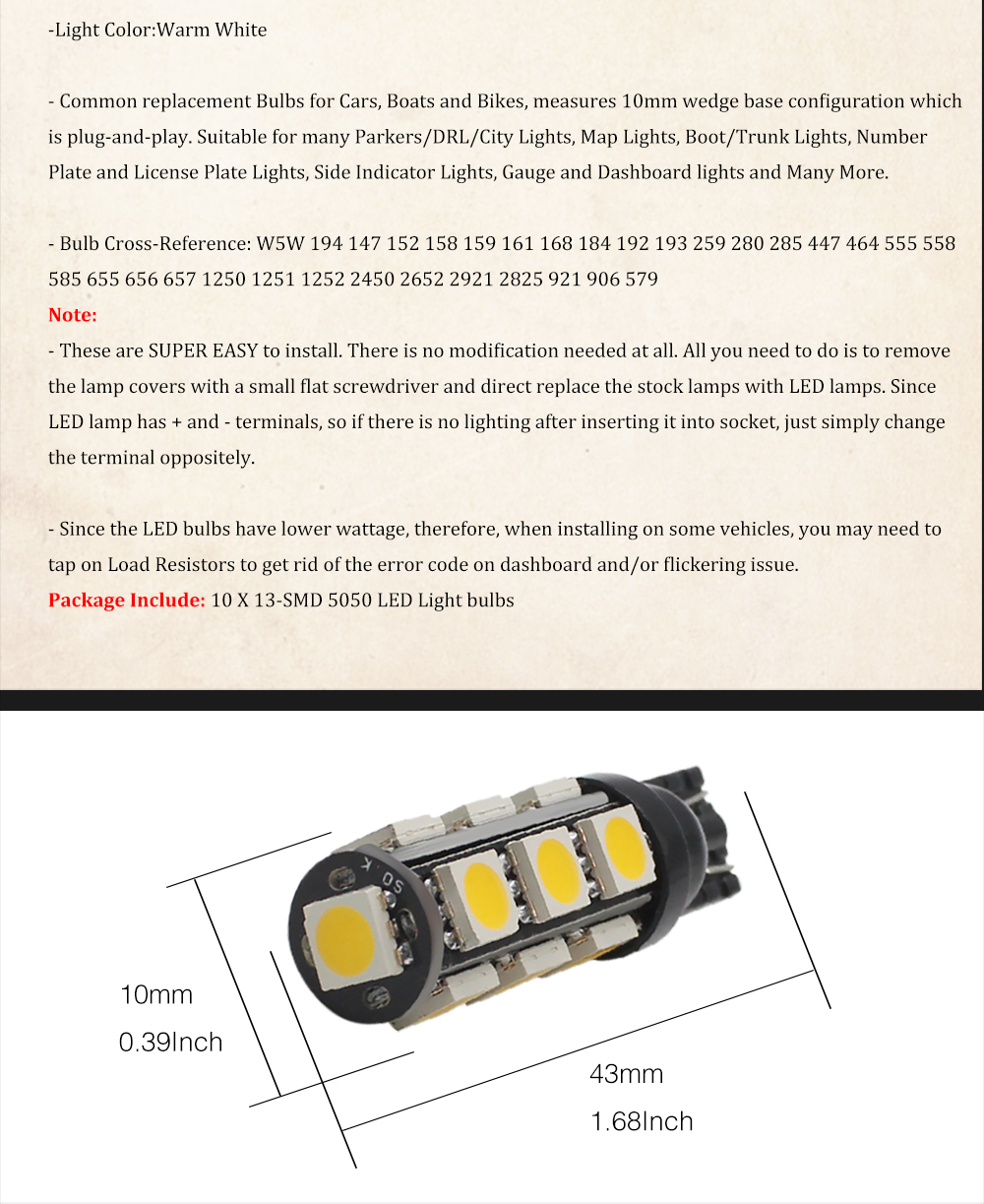4PCS Super Warm White T10 5050 13SMD Car RV Camper Backup LED Light Bulbs 194 921 912