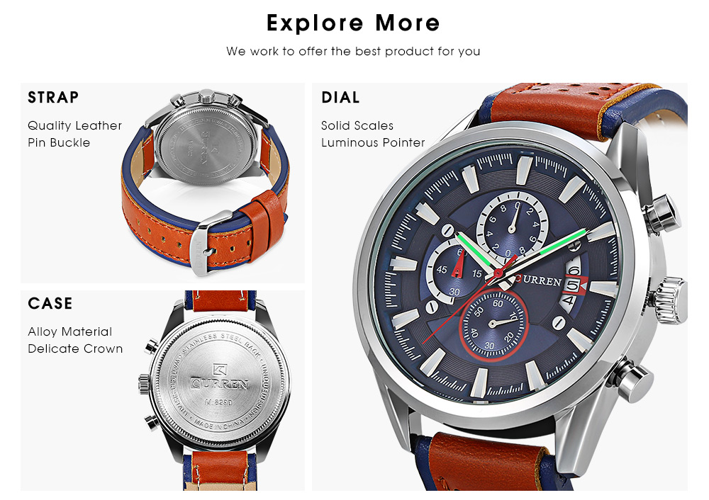 Curren 8290 Male Quartz Watch Calendar Chronograph Minute Sub-dials Men Wristwatch