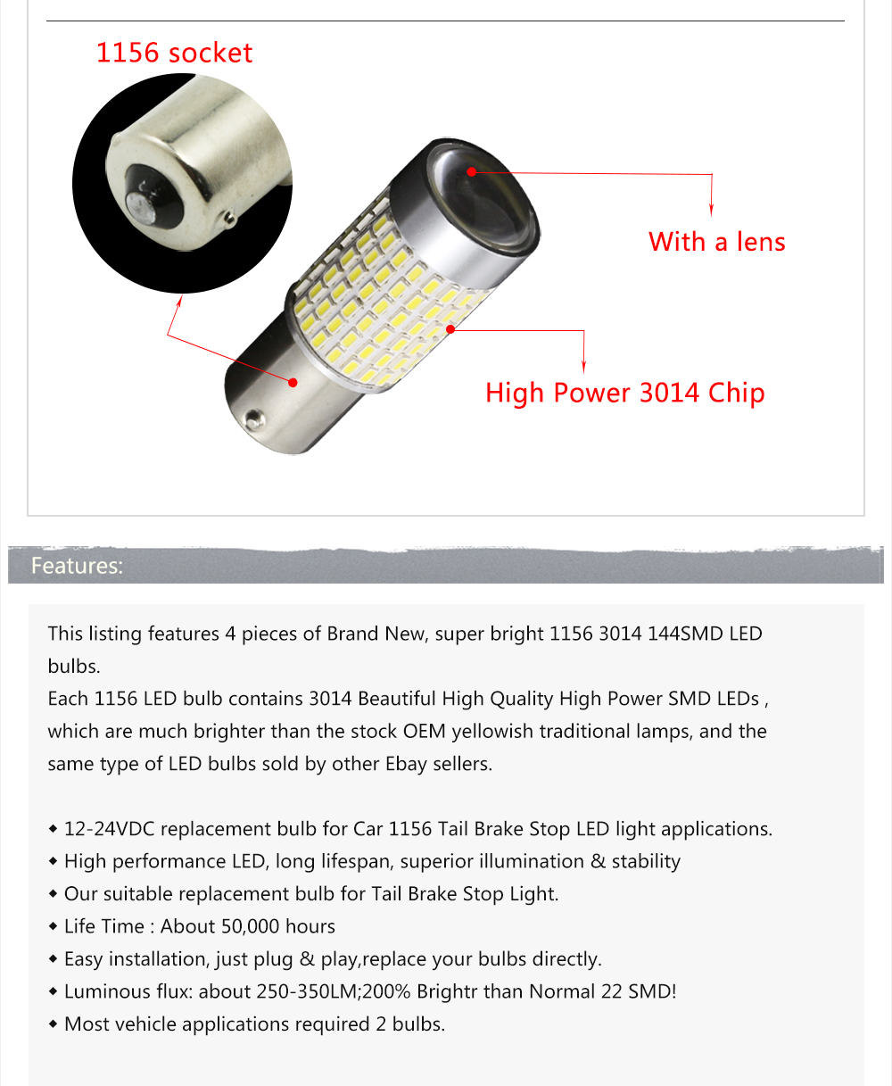 2PCS 144-SMD White 7506 1156 P21W LED Bulbs For Turn Signal Backup Reverse Lights