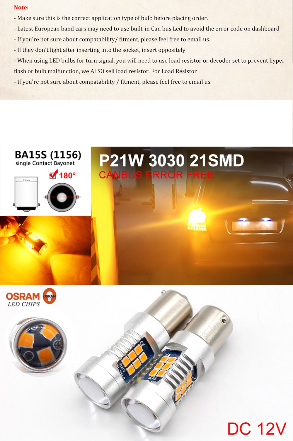 2PCS Amber BA15S 1156 P21W 21 SMD 3030 Car LED Turning Tail Brake Rear Fog Lamps