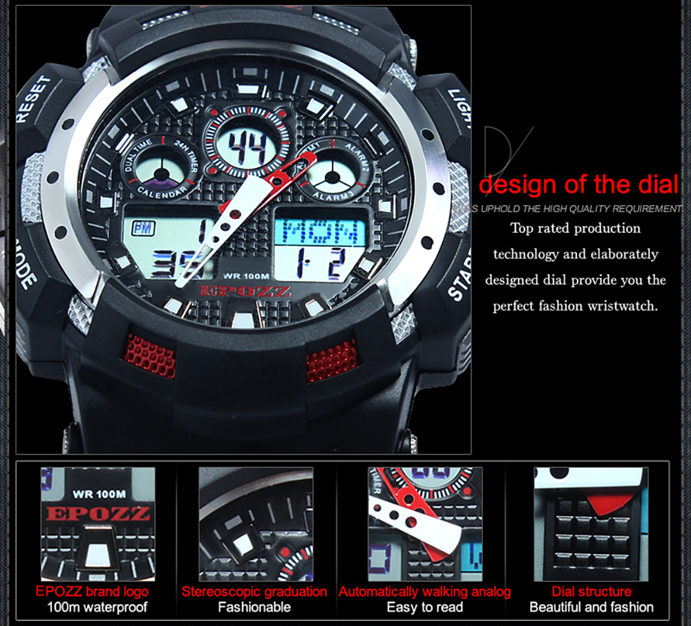 EPOZZ 3001 Dual Display Watch 100M Waterproof Men Watch Alarm Clock Stop Watch