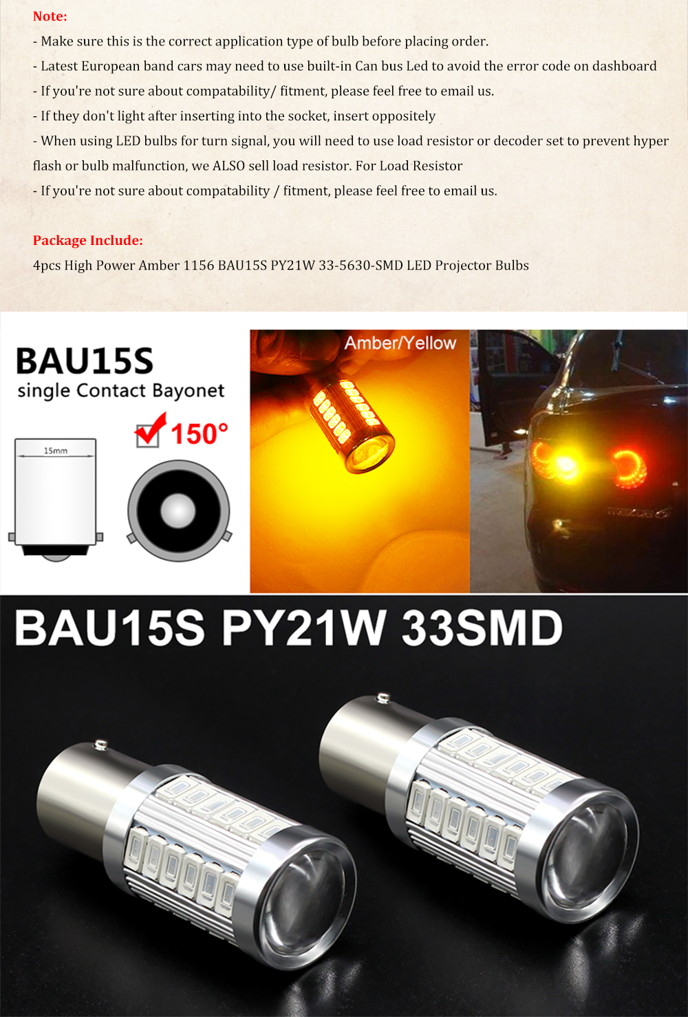 4PCS 1156 BAU15S PY21W 5730 LED 33SMD Daytime Running DRL Lights Amber Yellow Bulb