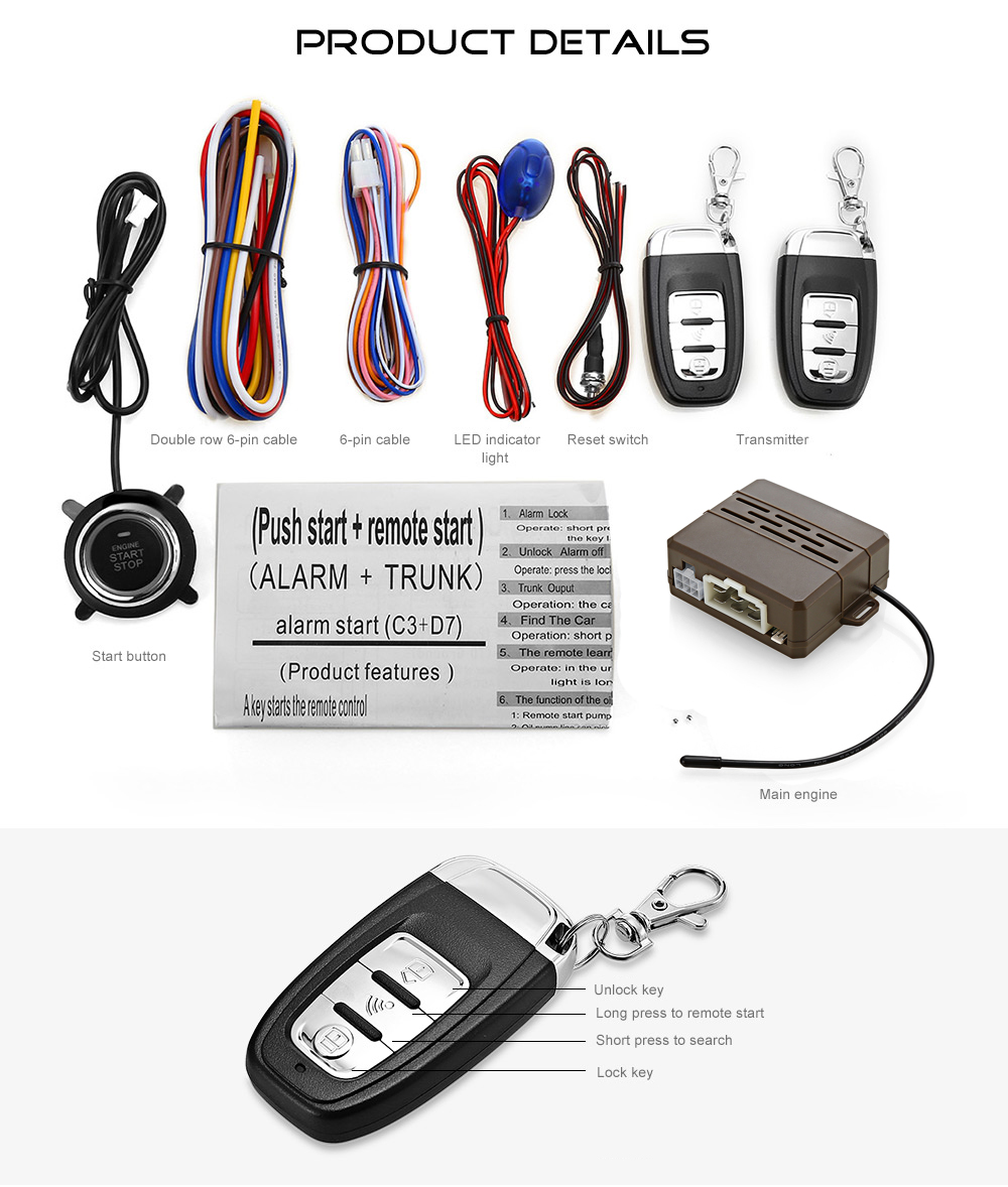C3 Universal 12V Car Anti-theft System Audible Visual Alarm One Key Startup Remote Control